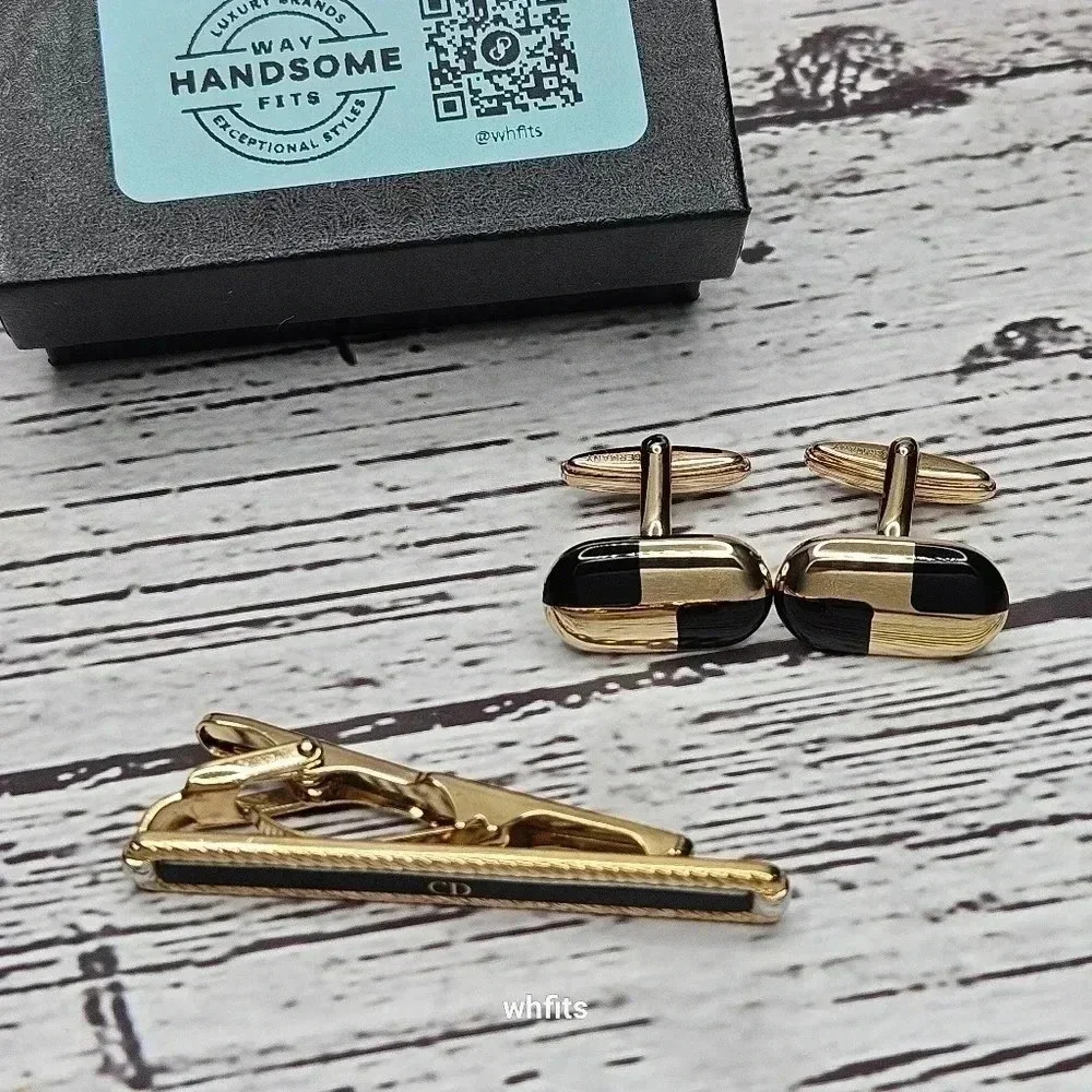 Christian Dior black and gold tone cufflinks and tie bar set - Picture 5 of 5